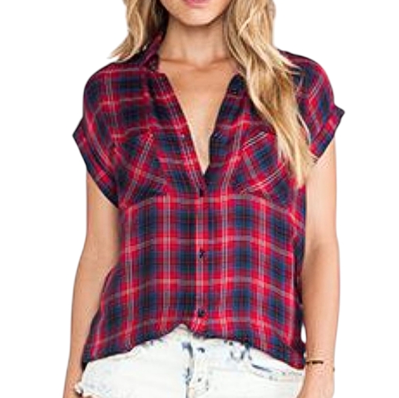 Rails Britt Short Sleeve Button Down Shirt Raspberry Navy Grunge Y2K Women's Med - Picture 1 of 12